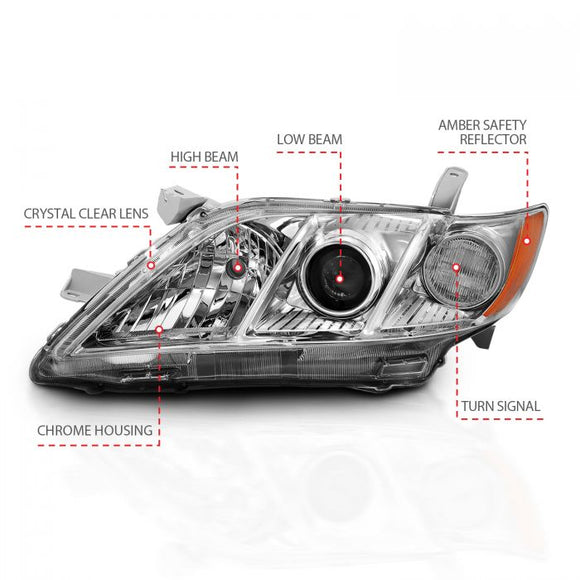 ANZO 2007-2009 Toyota Camry Projector Headlight Chrome Amber (OE Replacement)