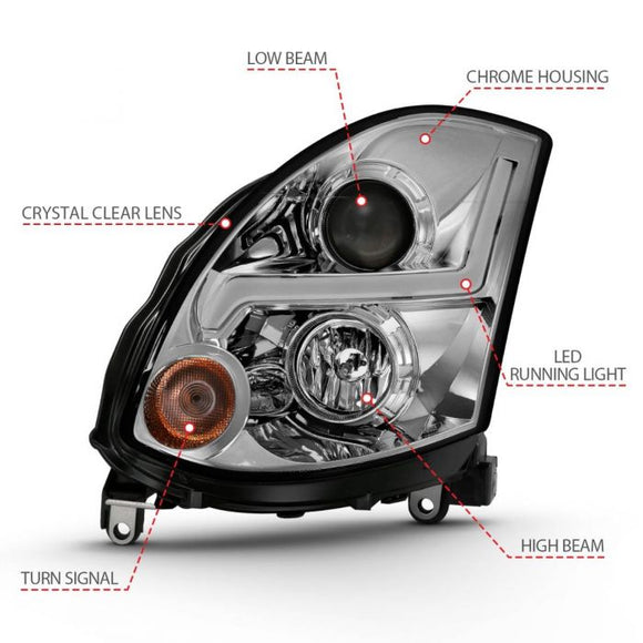 ANZO 2003-2007 Infiniti G35 Projector Headlight Plank Style Chrome (HID Compatible, No HID Kit )