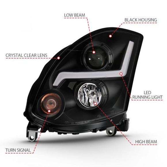 ANZO 2003-2007 Infiniti G35 Projector Headlight Plank Style Black (HID Compatible, No HID Kit )