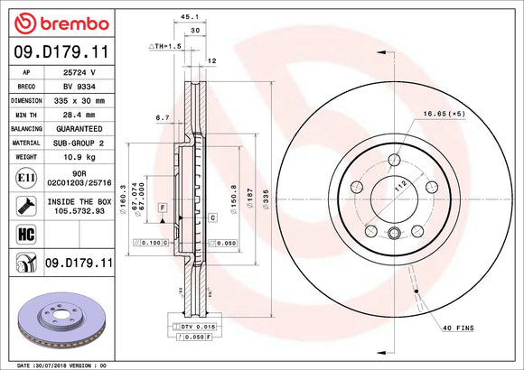 Brembo 15-21 Mini Cooper/17-19 Cooper Clubman Front Premium UV Coated OE Equivalent Rotor 34116865711