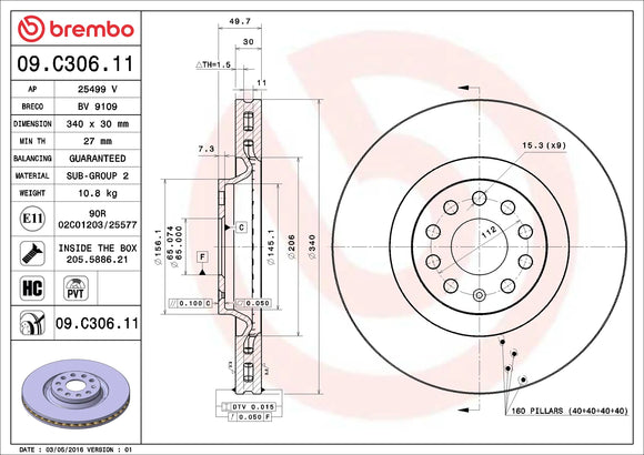 Brembo 2019 Audi A3 Quattro/19-20 Q3/15-20 S3 Front Premium UV Coated OE Equivalent Rotor