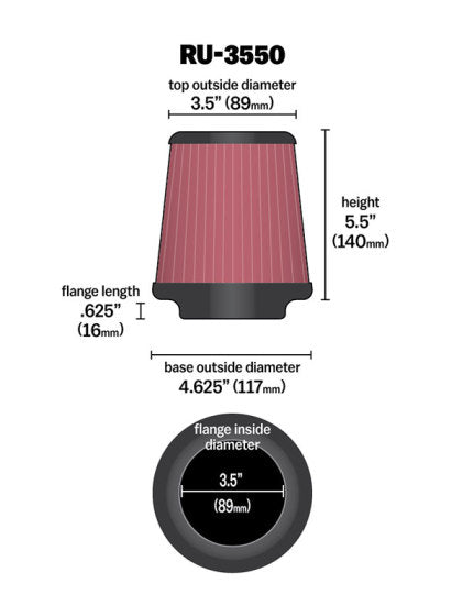 K&N Universal Rubber Filter 3 1/2 inch FLG / 4 5/8 inch Base / 3-1/2 inch Top / 5 1/2 inch Height - 0