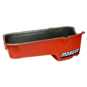 OIL PAN, SBC PRE- 80 DRIVER'S SIDE DIPSTICK, 7.50 IN. DEEP, CHEVY ORANGE POWDER COATED