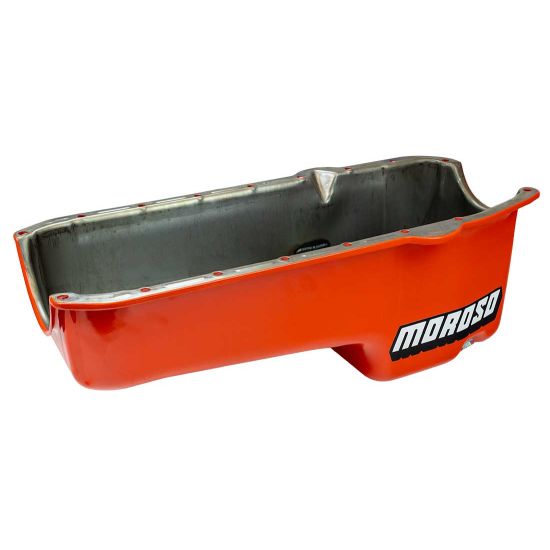 OIL PAN, SBC 80-85 PASSENGER SIDE DIP STICK, DART SHP, 7.50 IN. DEEP, POWDER COATED CHEVY ORANGE