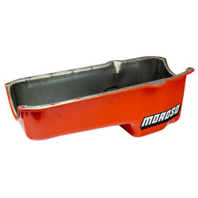 OIL PAN, SBC 80-85 PASSENGER SIDE DIP STICK, DART SHP, 7.50 IN. DEEP, POWDER COATED CHEVY ORANGE