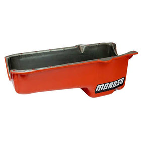 OIL PAN, SBC 86-UP WITH 1 PIECE SEAL PASSENGER SIDE DIP STICK, 7.50 IN. DEEP, POWDER COATED CHEVY ORANGE