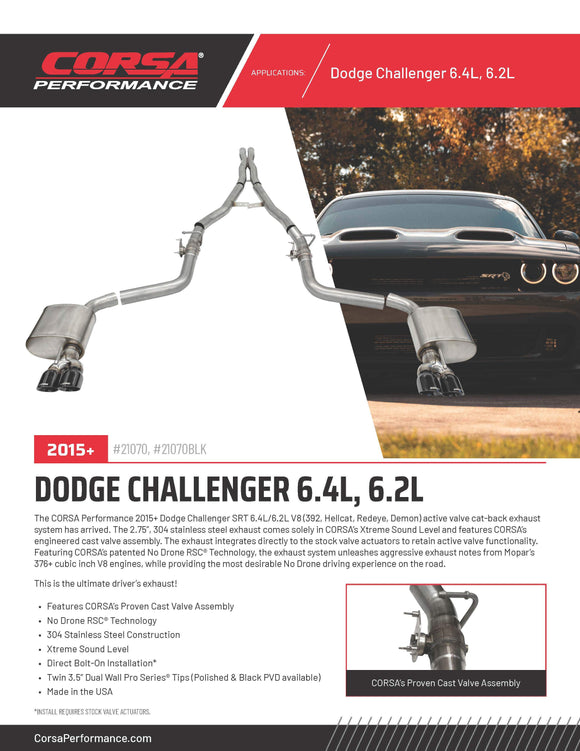 CORSA PERFORMANCE ACTIVE VALVE CAT-BACK EXHAUST: 2015–2020 DODGE CHALLENGER HELLCAT