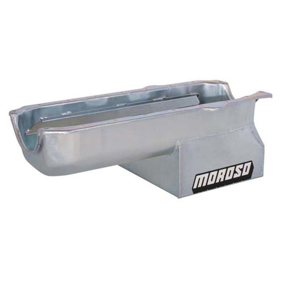 Moroso Pre-85 Chevrolet Small Block (w/Passenger Side Dipstick) Wet Sump 7qt 8in Steel Oil Pan - Blk