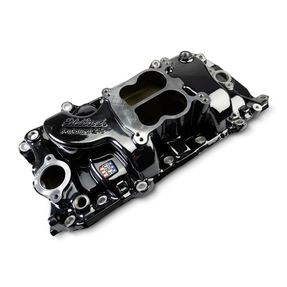 EDELBROCK Performer 2-O Manifold for 1965-90 B/B Chevy Oval Port Heads, Black Plasma