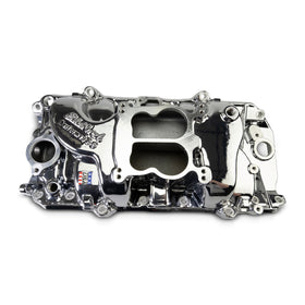 EDELBROCK Performer 2-O Manifold for 1965-90 B/B Chevy Oval Port Heads, Chrome Plasma