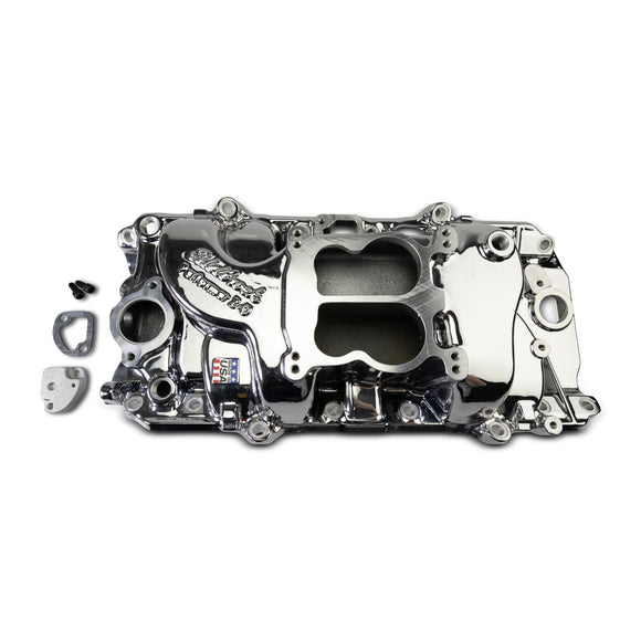 EDELBROCK Performer 2-O Manifold for 1965-90 B/B Chevy Oval Port Heads, Chrome Plasma