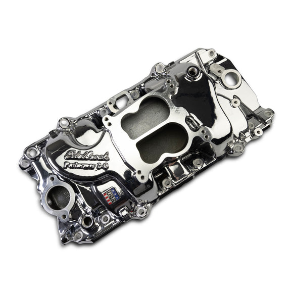 EDELBROCK Performer 2-O Manifold for 1965-90 B/B Chevy Oval Port Heads, Chrome Plasma