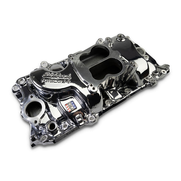 EDELBROCK Performer 2-O Manifold for 1965-90 B/B Chevy Oval Port Heads, Chrome Plasma