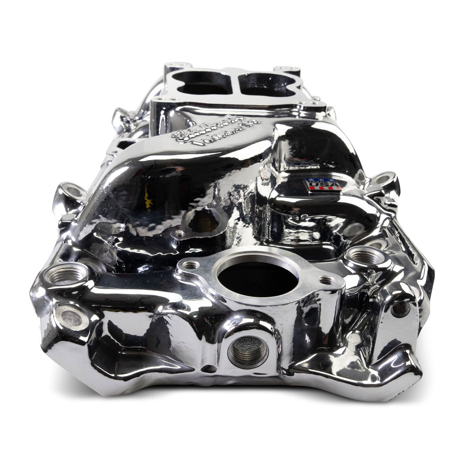 EDELBROCK Performer 2-O Manifold for 1965-90 B/B Chevy Oval Port Heads, Chrome Plasma
