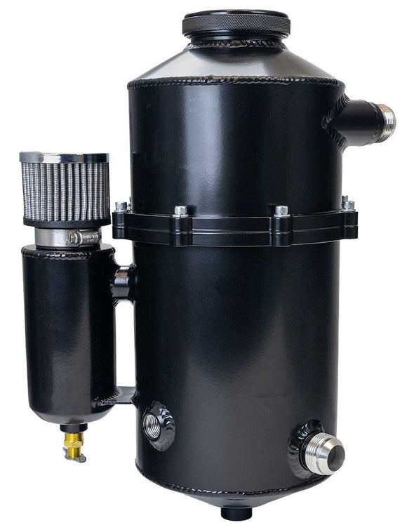 DRY SUMP TANK, 2 PC, 16.5 INCH TALL, 7 INCH DIA, WITH BREATHER TANK, DUAL INLET, BLACK POWDER COAT