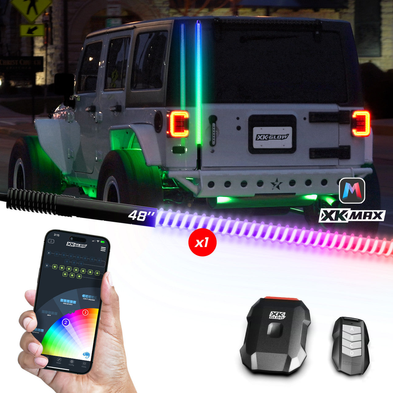 XK Glow 1x 48 XKmax RGBW Advanced App Control LED Whip Light Kit for 4x4 Offroad UTV ATV