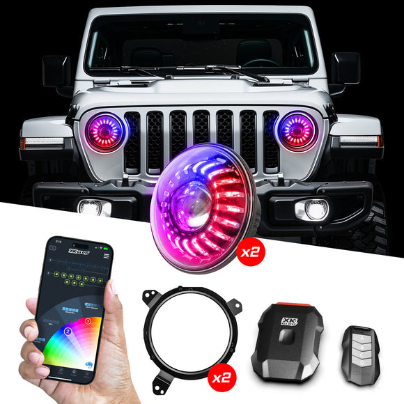 XK Glow 2019+ Jeep Wrangler JL/JT 7in Headlight XKmax RGBW Kit w/ Mnt Brkt App Cntrl 2pc