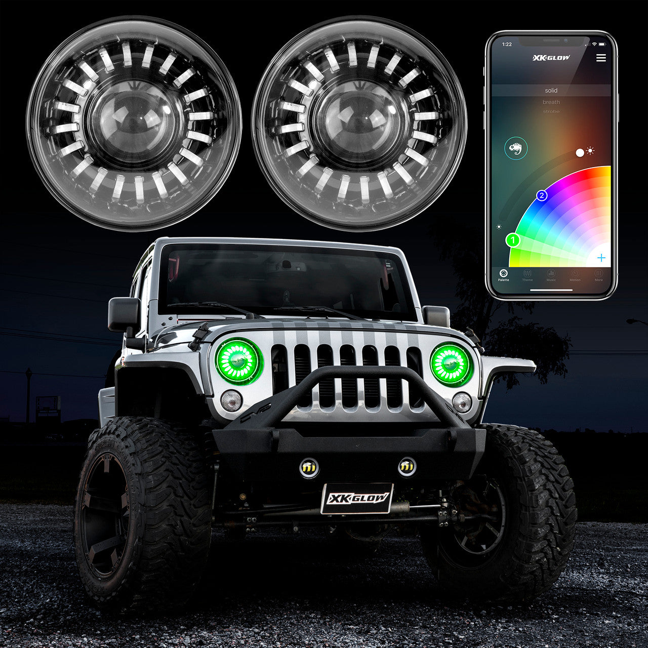 XK Glow 2pc 7in RGB LED Jeep Headlight XKchrome Bluetooth App Controlled Kit
