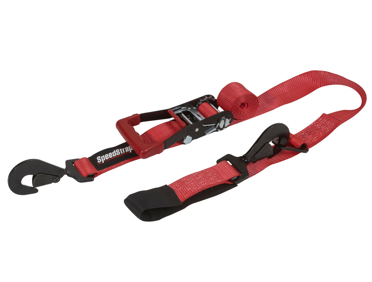 SpeedStrap 2In x 10Ft Ratchet Tie Down w/ Twisted Snap Hooks & Axle Strap Combo - Red