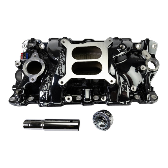 EDELBROCK Performer EPS Intake Manifold w/Oil Fill Tube; Small-Block Chevy, Black Plasma