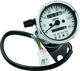 Bikers Choice 2.5 Inch Chrome 2:1 Universal Mini Speedo w LED Indicators White Face 140 Mph