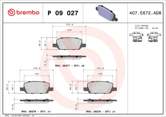 Brembo OE 17-21 Tesla Model 3/2021 Model Y Brake Pad - Rear 800824400B
