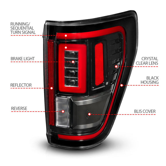 ANZO 21-23 Ford F-150 LED Taillights Seq. Signal w/BLIS Cover - Black (For Factory Halogen ONLY)