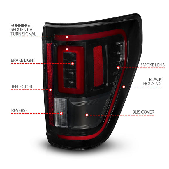 ANZO 21-23 Ford F-150 LED Taillights Seq. Signal w/BLIS Cover - Smoke Blk (For Factory Halogen ONLY)