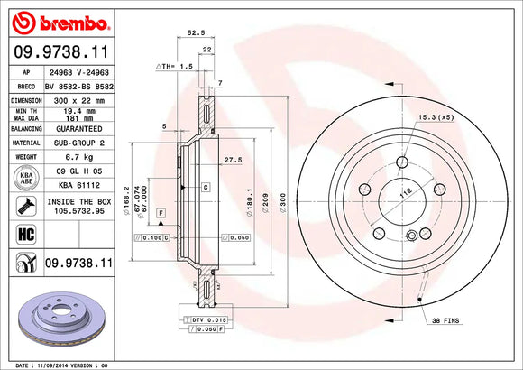 Brembo 00-03 Mercedes-Benz CL500/00-06 S430/S500 Rear Premium UV Coated OE Equivalent Rotor A2204230212