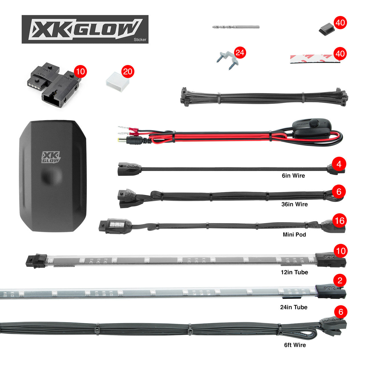 XK Glow Million Color XKCHROME App Controlled Offroad UTV Kit 2x24In Tube + 10x12In Tube + 16xPods