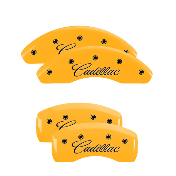 MGP 4 Caliper Covers Engraved Front & Rear Cursive/Cadillac Yellow finish black ch