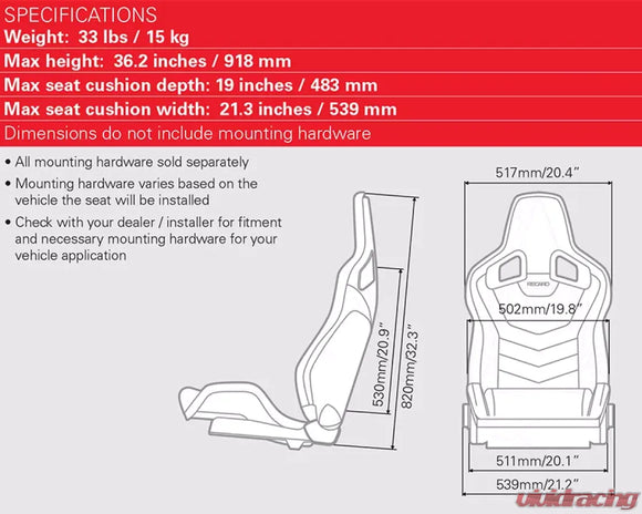 RECARO Sportster GT Seat Reclineable - Passenger Seat - Vinyl Black | Red Suede w/Red Logo