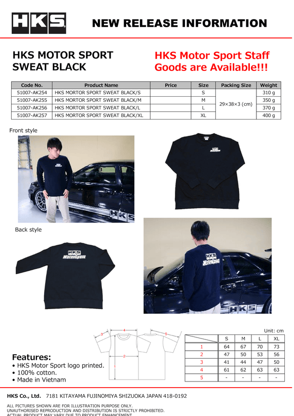 HKS MOTOR SPORT SWEAT BLACK/M