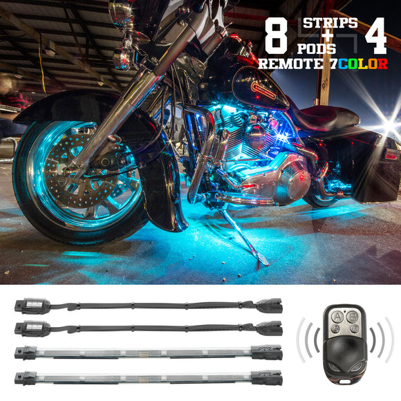 XK Glow Flex Strips 7 Color LED Accent Light Motorcycle/ATV Kit (10xCompact Pods + 8x10In)