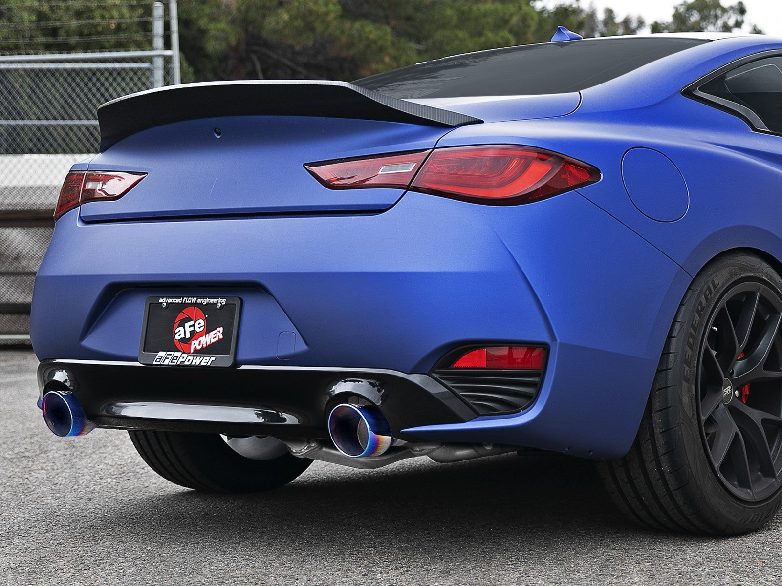aFe POWER Takeda 2.5in 304 SS CB Exhaust w/ Blue Flame Tips 17-19 Infiniti Q60 V6-3.0L (tt) - 0
