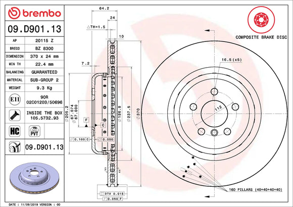 Brembo 2021 BMW 540i/540i xDrive/17-19 740e xDrive Rear Premium UV Coated OE Equivalent Rotor 34206880080