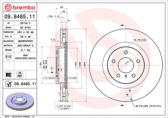 Brembo 03-04 Infiniti G35/03-09 Nissan 350Z Front Premium UV Coated OE Equivalent Rotor 40206CD005