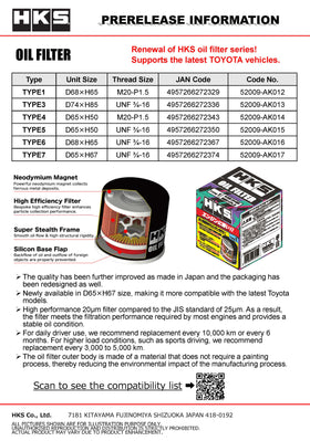 HKS Oil Filter2 D68-H65 M20 Type1 - 0