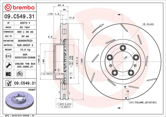 Brembo 10-16 Porsche Panamera Front Right Premium UV Coated OE Equivalent Rotor 97035140401