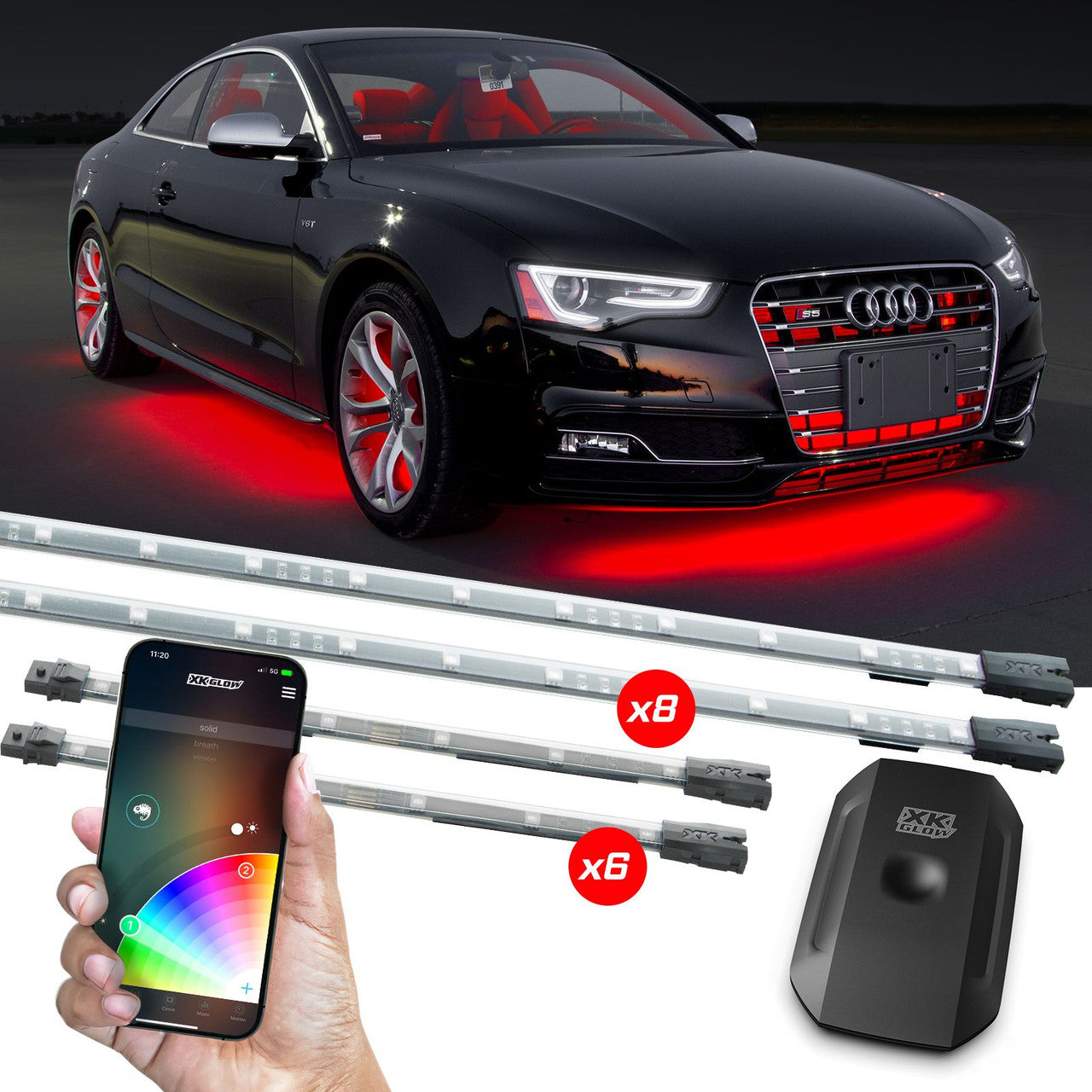 XK Glow New Style Strips XKchrome Car Kit w/ Dual-Mode Mount Controller 8x24In Tubes + 6x10In