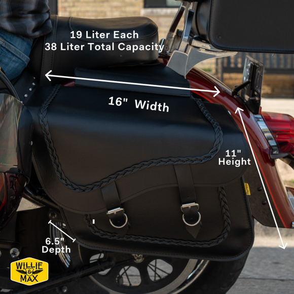 Willie & Max Universal Braided Large Slant Saddlebags (16 in L x 11 in H x 6.5 in W) - Black