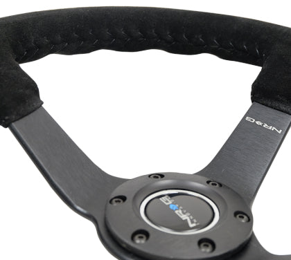 NRG Reinforced Steering Wheel (350mm / 3in. Deep) Blk Suede/Blk Bball Stitch w/5mm Matte Black Spoke - 0