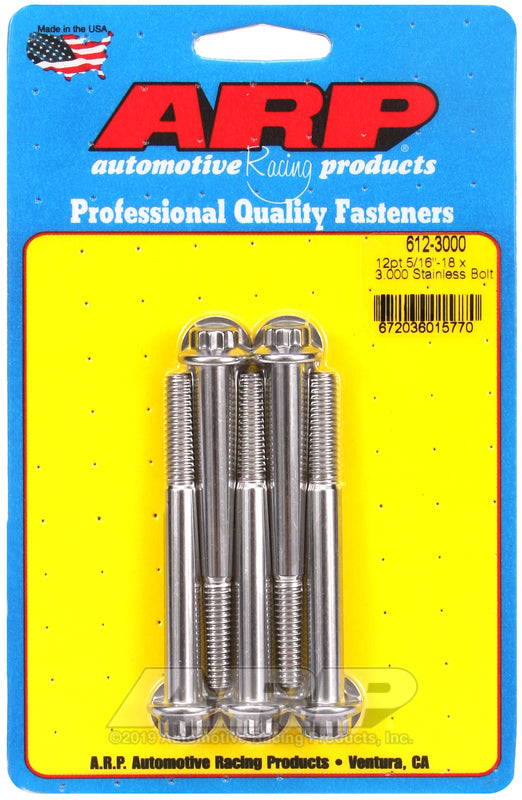 ARP 5/16 in.-18 RH Thread, 3.000 in 12 Point SS 300 Bolts - Set of 5