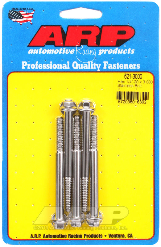 1/4-20 X 3.000 SS HEX 5PK