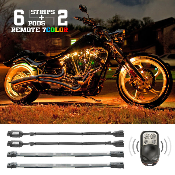XK Glow Flex Strips 7 Color LED Accent Light Motorcycle/ATV Kit (8xCompact Pods + 4x10In)