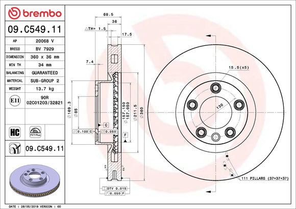 Brembo 11-18 Porsche Cayenne/11-15 Volkswagen Touareg Front Premium UV Coated OE Equivalent Rotor 95835140401