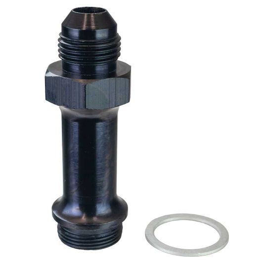 CARBURATOR FUEL INLET FITTING, 8 AN X 7/8-20 3 IN LONG, BLACK ANODIZED