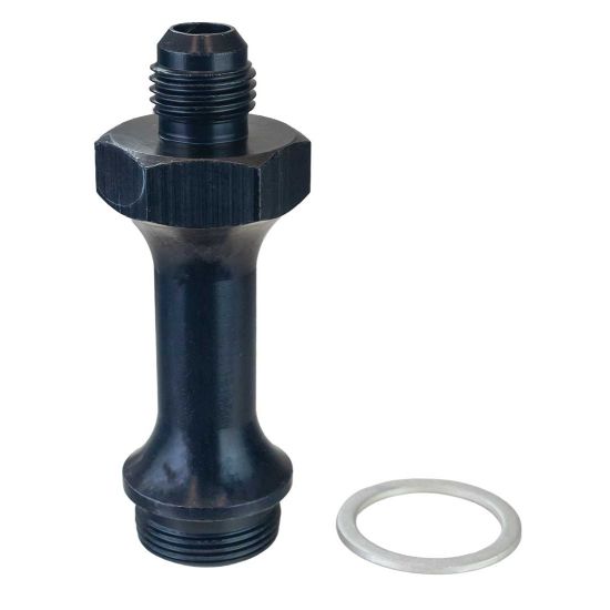 CARBURATOR FUEL INLET FITTING, 6AN X 7/8-20, 3 IN LONG, BLACK ANODIZED