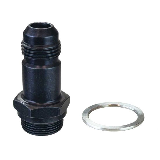 CARBURATOR FUEL INLET FITTING, 8AN X 7/8-20, 2 IN LONG, BLACK ANODIZED