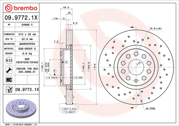 Brembo 06-13 A3 Quattro/15-18 A3 Quattro Front Premium Xtra Cross Drilled UV Coated Rotor 1K0615301AA
